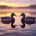 Утки плавают в пруду на фоне заката — символическое изображение для статьи о значении снов про водоплавающих птиц.