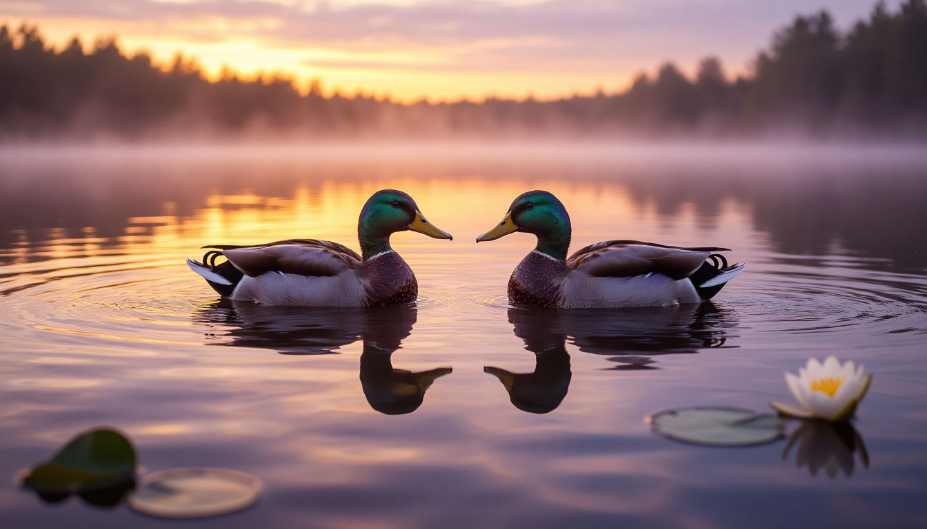 Утки плавают в пруду на фоне заката — символическое изображение для статьи о значении снов про водоплавающих птиц.