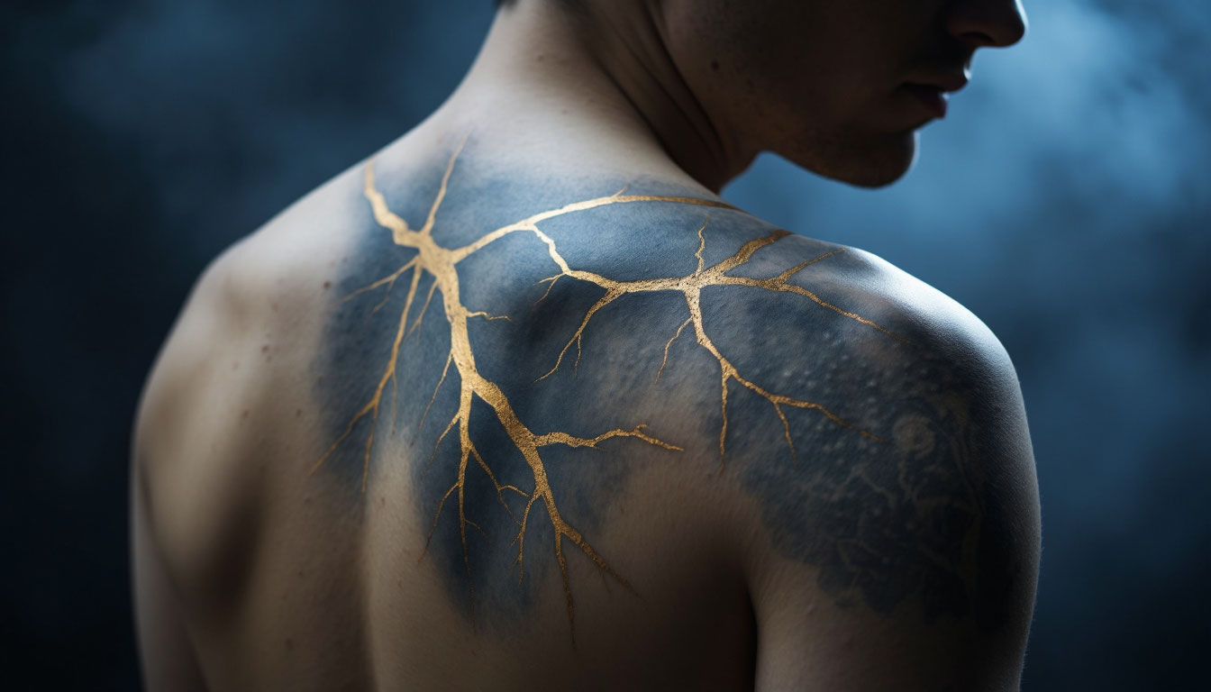 Золотой светящийся рубец на теле человека — художественная иллюстрация значения шрама во сне как символа исцеления и опыта.