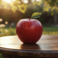 Спелое красное яблоко с каплями воды на деревянном столе — символ здоровья, искушения и достатка в соннике.