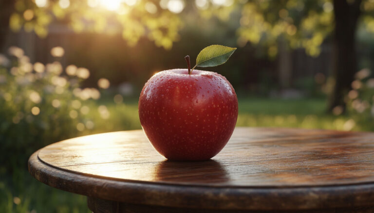 Спелое красное яблоко с каплями воды на деревянном столе — символ здоровья, искушения и достатка в соннике.