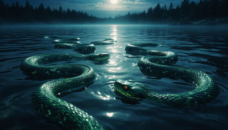 Много змей плывут под водой в ночном озере — мистическая иллюстрация к статье о толковании снов со змеями в воде.