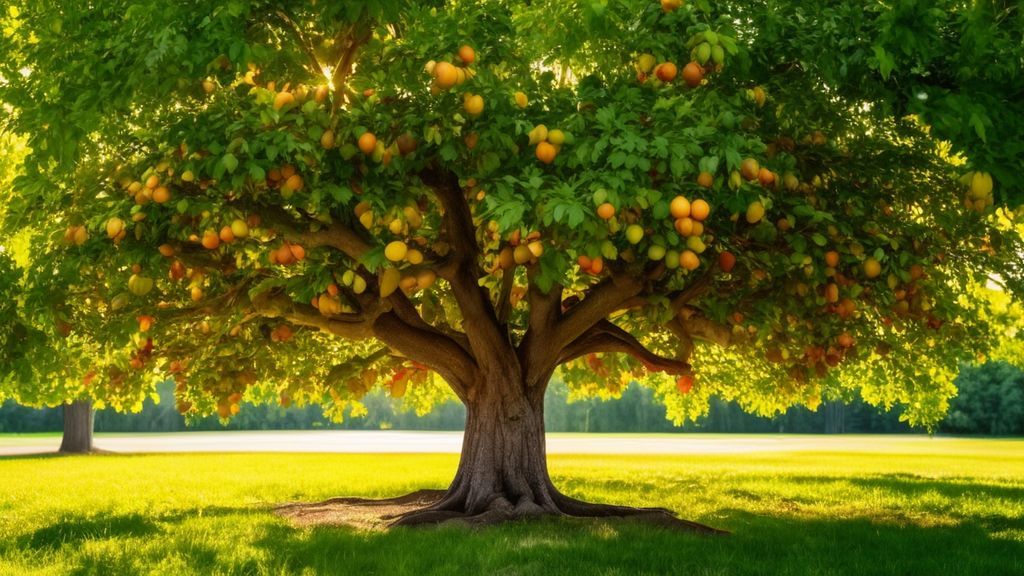 Роскошное плодовое дерево с сочными яблоками в лучах солнца