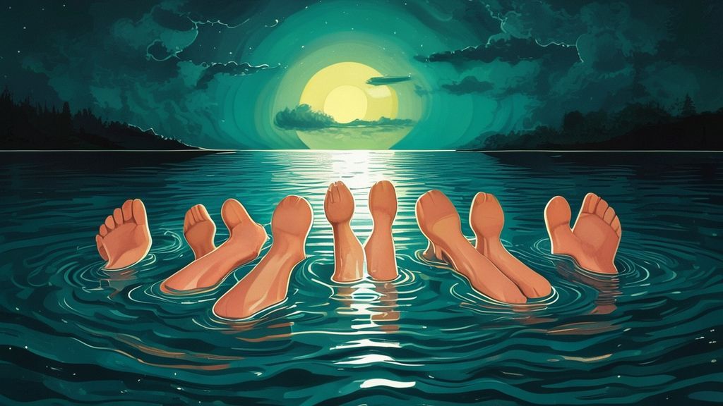 Человеческие стопы на поверхности воды в лунном свете