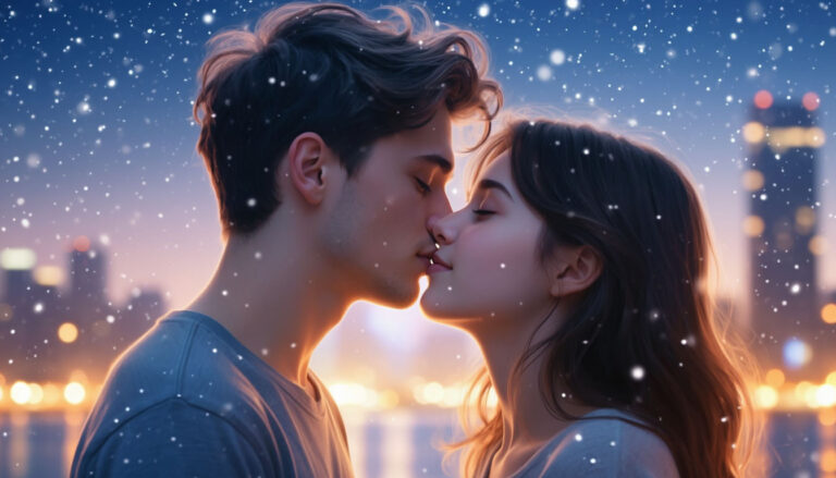 Романтический поцелуй пары в сумерках — визуализация толкования сна о поцелуе с девушкой и любовных отношениях.