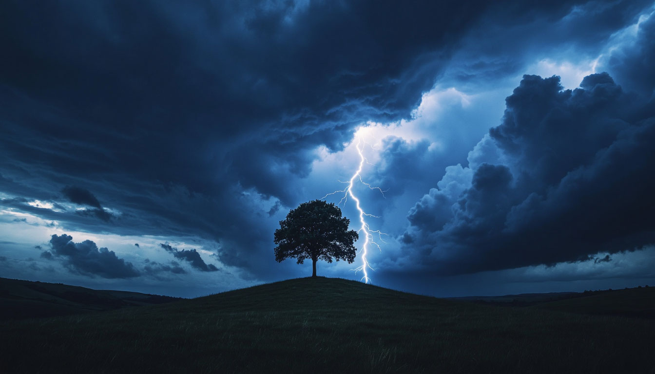 Мощная гроза с яркой молнией над темным холмом в ночном небе.