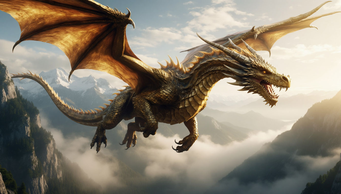 Золотой дракон в небе над горами как символ удачи и силы во сне.