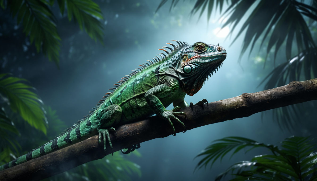 Зеленая игуана в джунглях символ сновидения на ветке дерева.