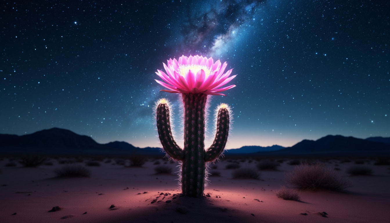 Цветущий кактус в пустыне под звездным небом - значение сна.