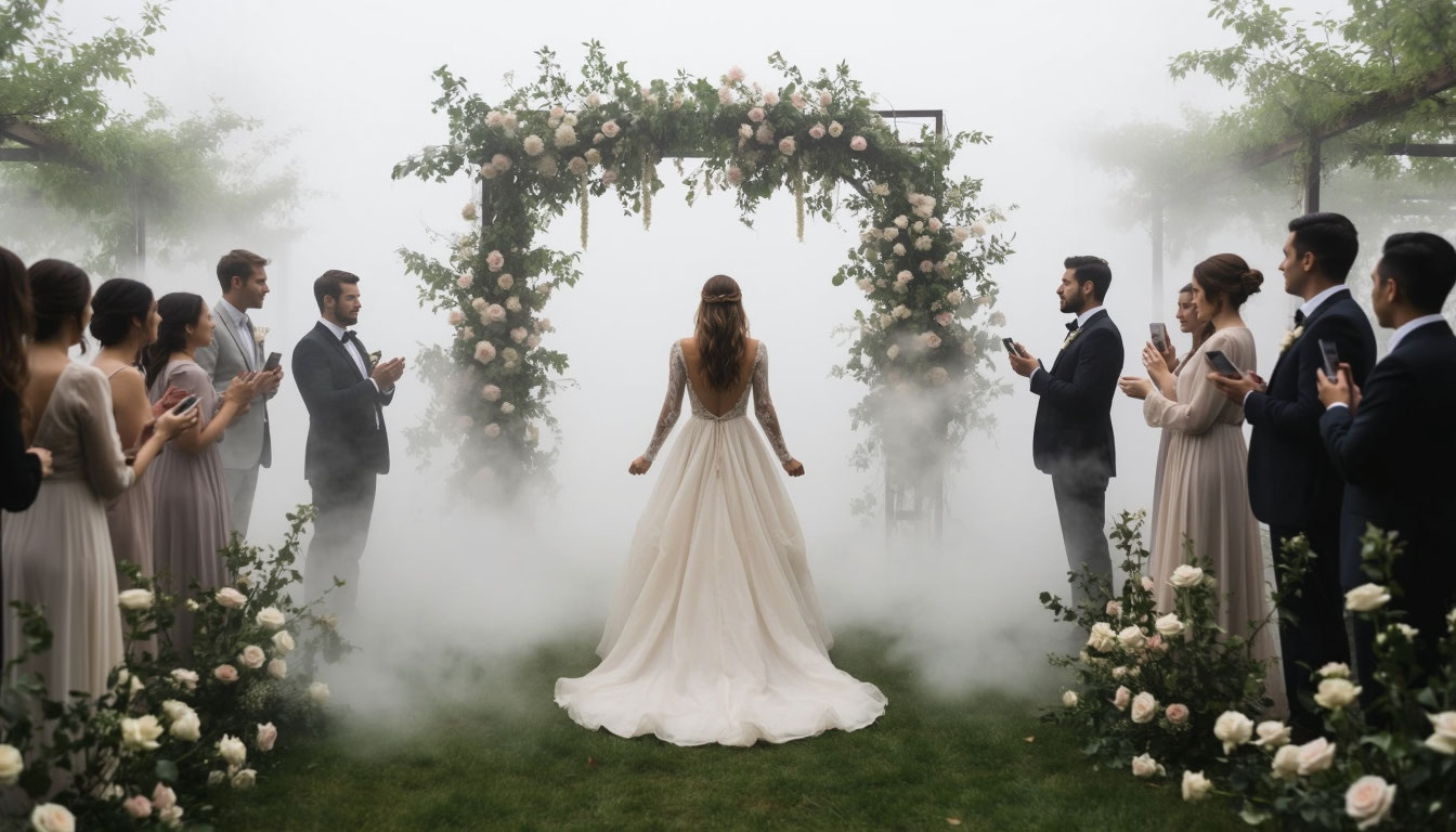 Сюрреалистичный сон о свадьбе невесты с размытым образом бывшего партнера в туманном саду