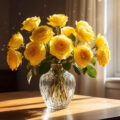 Букет ярких желтых роз в вазе на столе при солнечном свете