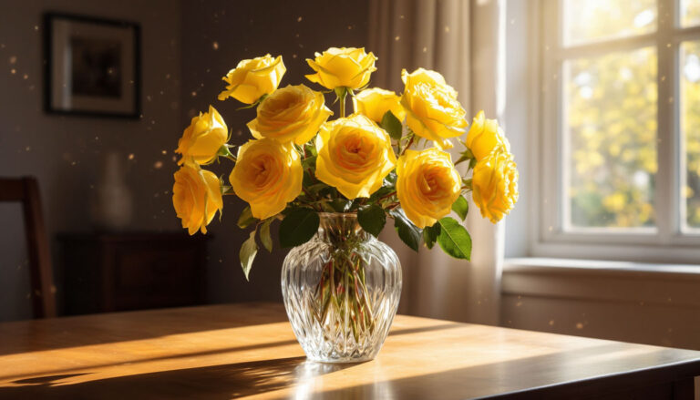 Букет ярких желтых роз в вазе на столе при солнечном свете