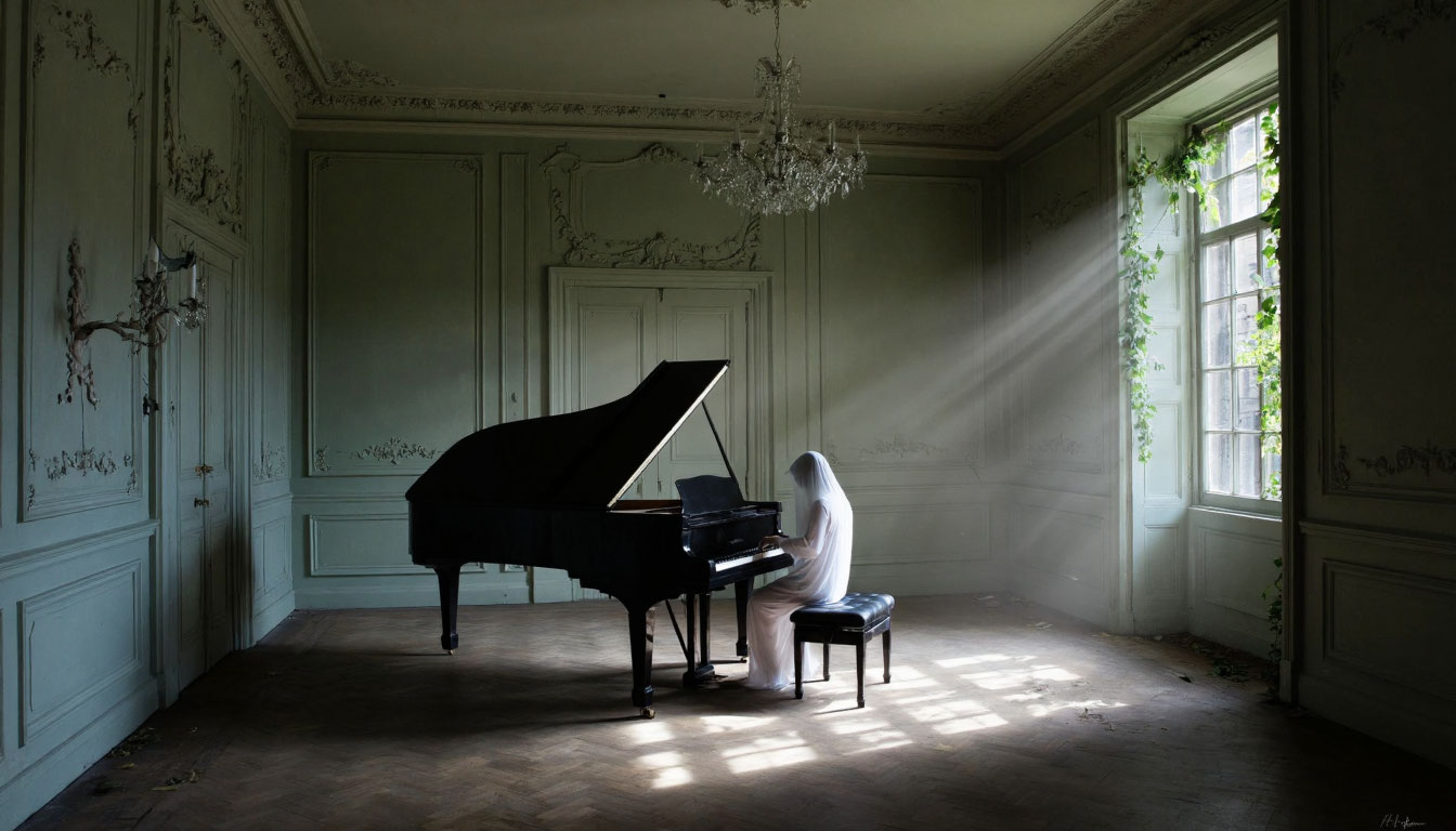 Призрак за роялем в заброшенном особняке.