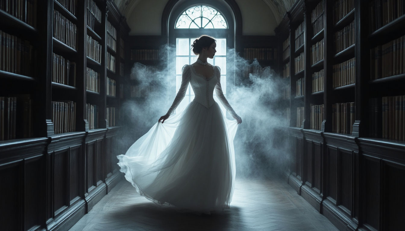 Прозрачный призрак женщины в темном коридоре библиотеки во сне.