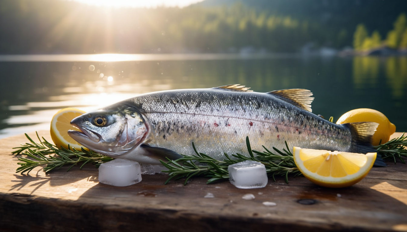 Свежая сырая рыба на льду с лимоном на деревянном столе