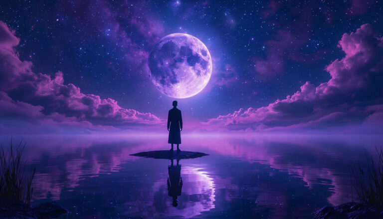 Мистический пейзаж со светящимся силуэтом, символизирующий глубокое толкование снов о покойниках и подсознательные послания.