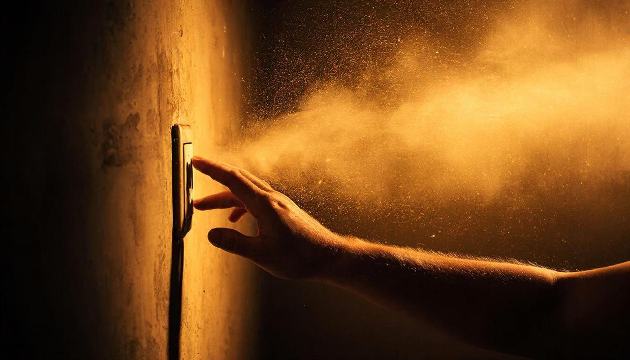 Рука включает выключатель, комната наполняется теплым светом.