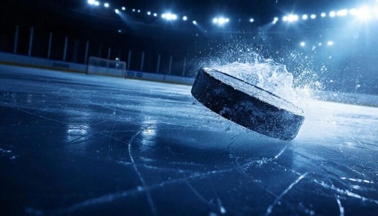 Шайба скользит по льду на фоне огней стадиона в драматическом освещении.