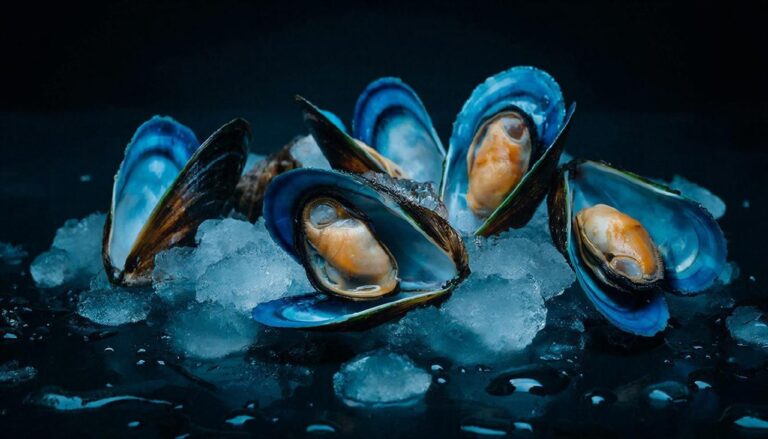 Свежие мидии на льду в темном освещении