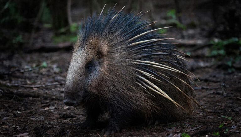Дикобраз поднял длинные иглы на темном фоне в лесу.
