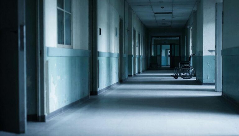 Мрачный коридор психиатрической больницы в синих тонах