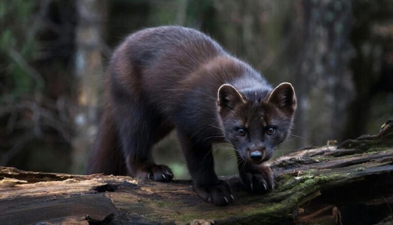 Лесная куница с блестящим мехом на поваленном дереве, профессиональное фото.