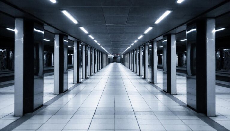 Симметричный подземный переход с неоновым освещением и белой плиткой.