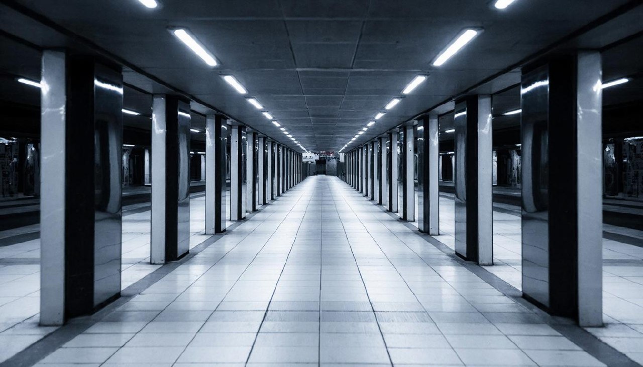 Симметричный подземный переход с неоновым освещением и белой плиткой.