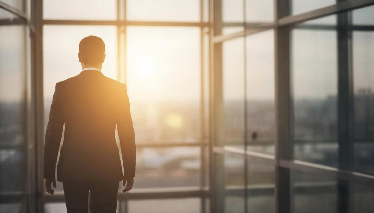 Успешный человек в современном офисе на фоне заката, символизирующий карьерный рост.