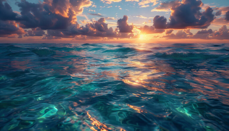 Спокойное бирюзовое море на закате как символ гармонии и глубокого толкования сновидений.