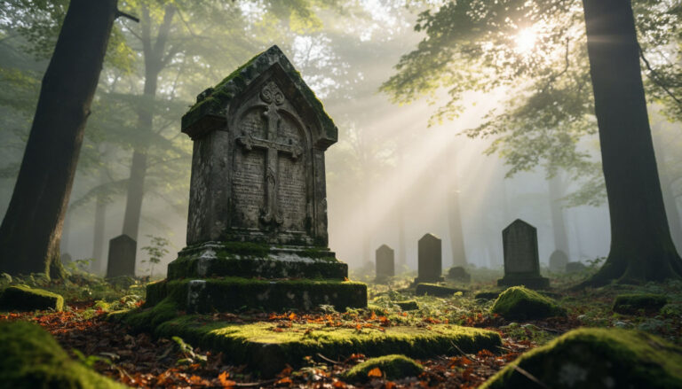 Старая каменная могила в туманном лесу как символ трансформации и тайн сновидений.