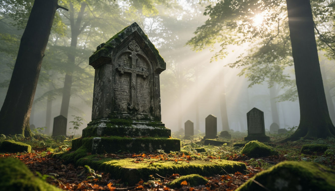 Старая каменная могила в туманном лесу как символ трансформации и тайн сновидений.