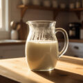 Свежее молоко в стеклянном кувшине на деревянном столе в лучах утреннего солнца, символ изобилия и здоровья.