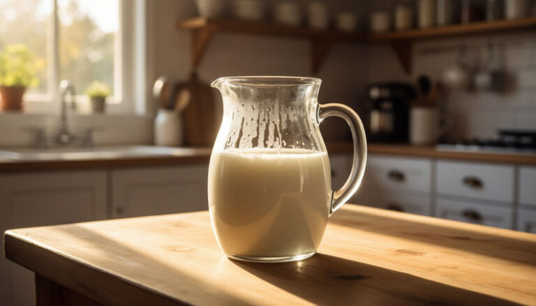Свежее молоко в стеклянном кувшине на деревянном столе в лучах утреннего солнца, символ изобилия и здоровья.
