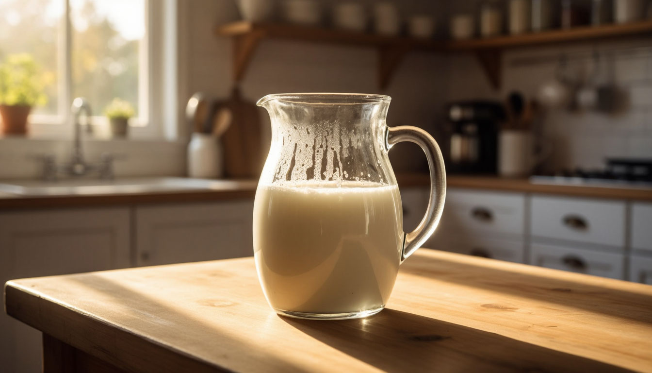Свежее молоко в стеклянном кувшине на деревянном столе в лучах утреннего солнца, символ изобилия и здоровья.