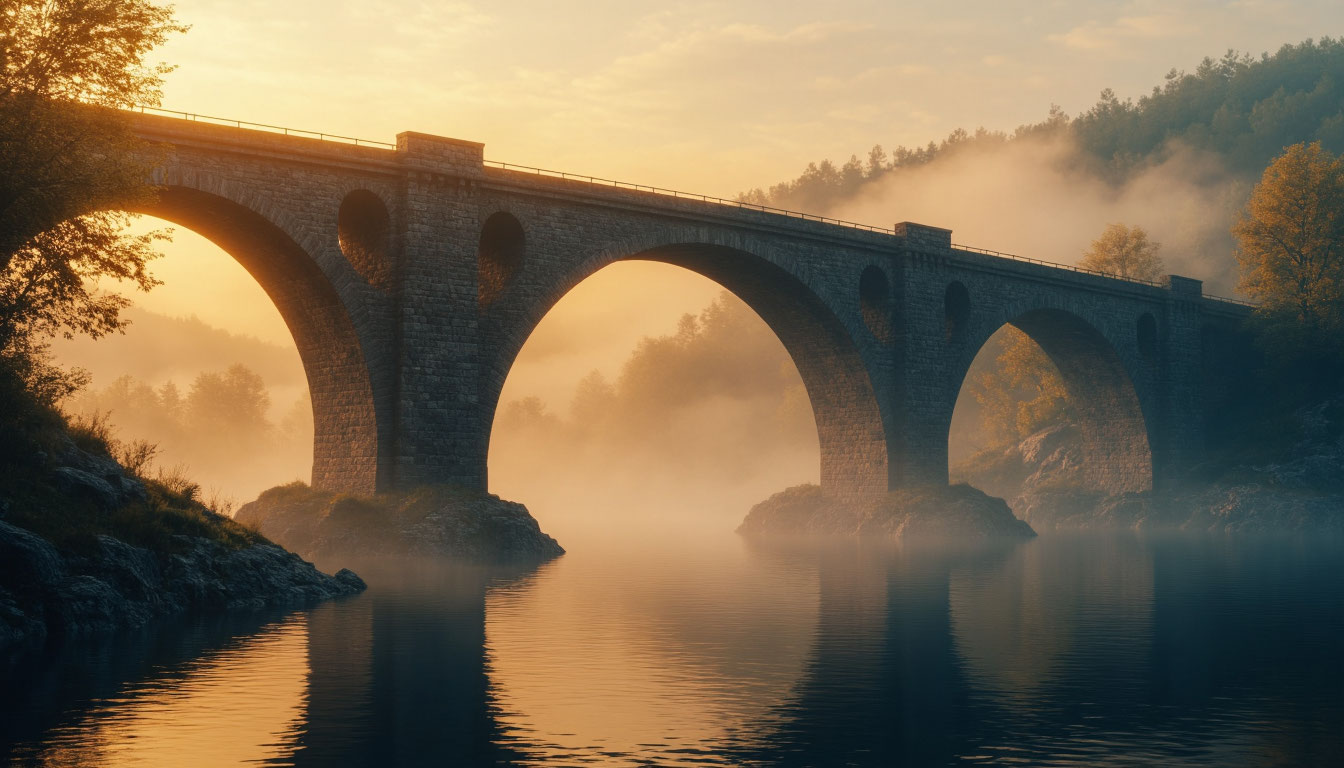 Величественный мост уходящий в туман как символ жизненного перехода