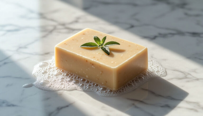 Красивое мыло с пеной и каплями воды на мраморе, символизирующее чистоту