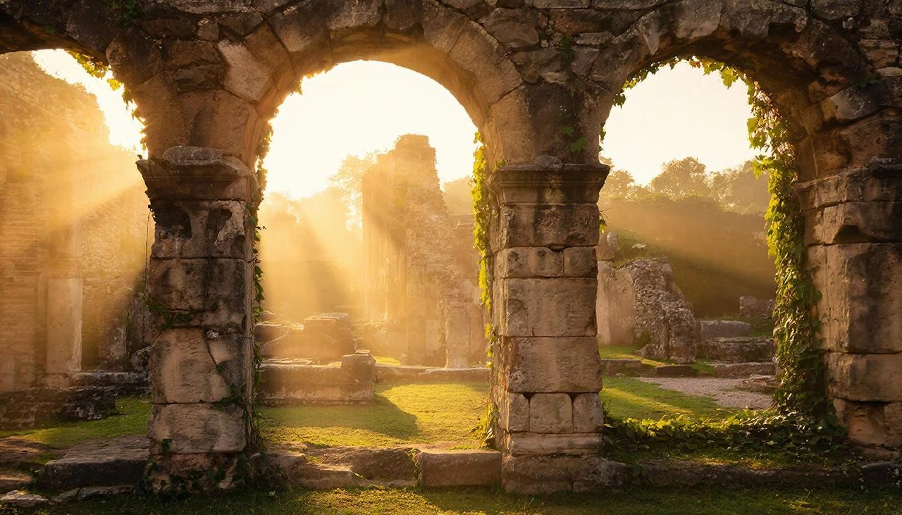 Древние каменные развалины в лучах закатного солнца, символ трансформации во сне.