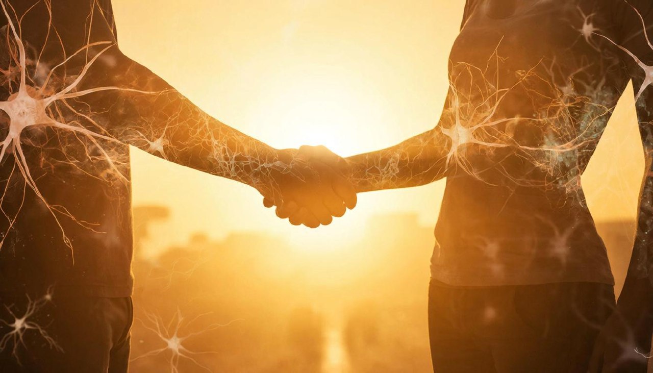 Символическое примирение двух людей на фоне восходящего солнца.