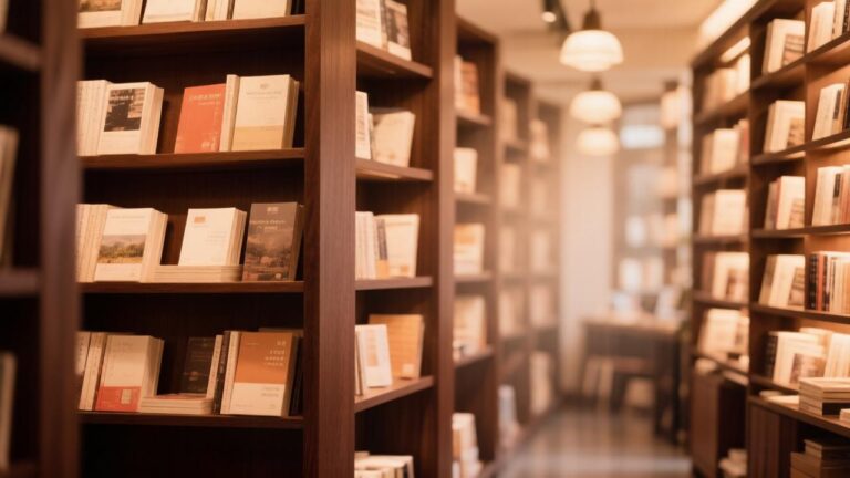 Современный уютный книжный магазин с теплыми деревянными полками